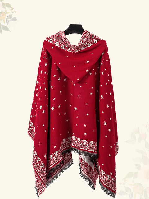 Women Ethnic Star Print Hooded Scarf Shawl