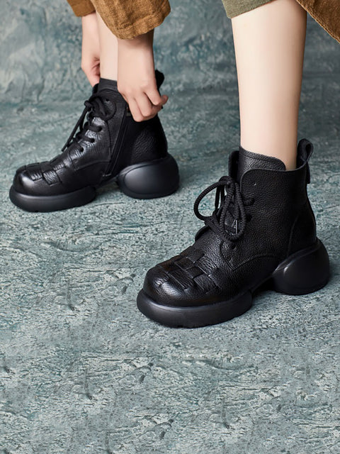 Women Winter Leather Spliced Zipper Strap Platform Heel Boots