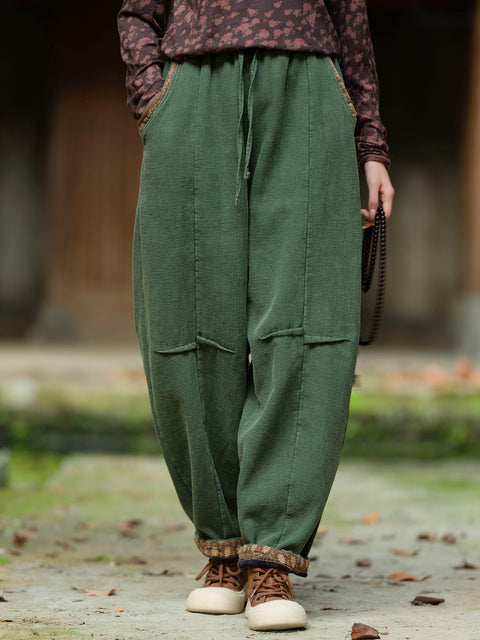 Women Winter Retro Solid Spliced Padded Harem Pants