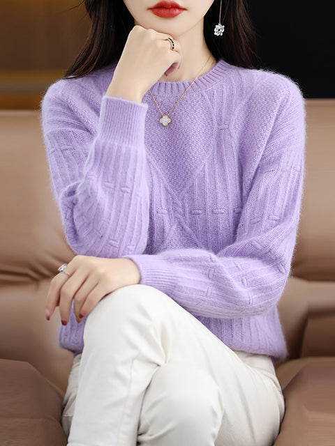 Women Autumn O-Neck Rhomboid 100%Wool Soft Sweater