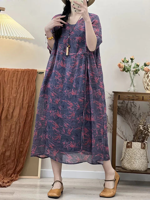 Plus Size Women Rerto Summer Print Loose Travel Ramie Dress