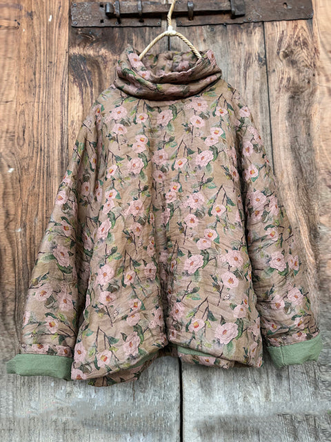 Women Vintage Autumn Floral Turtleneck Ramie Padded Coat