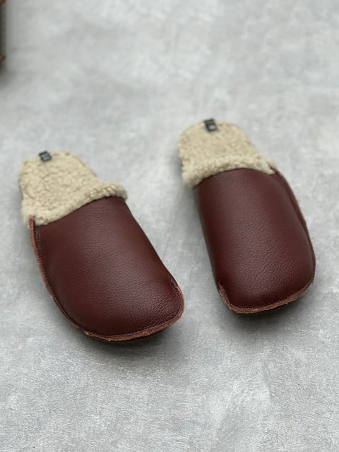 Women Vintage Winter Leather Fleece-lined Flat Slippers