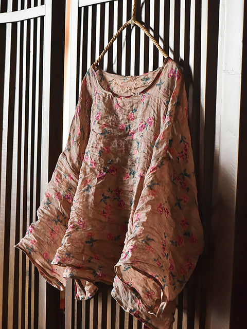 Women Summer Vintage Floral Ramie Thin Shirt