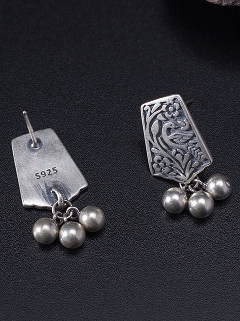 Women Vintage Sliver Carve Bead Pendant Earrings