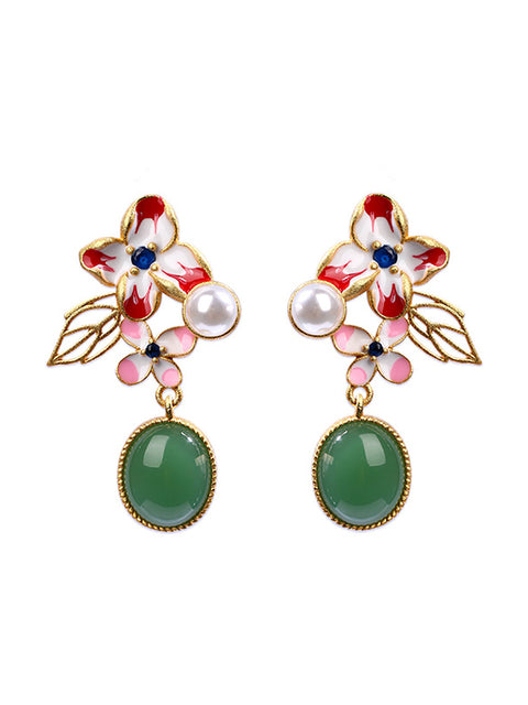 Women Flower Enamel Green Jade Glod Plate Earrings