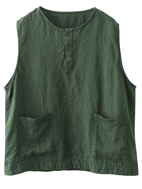 Women Summer Vintage Solid Pocket O-Neck Linen Vest