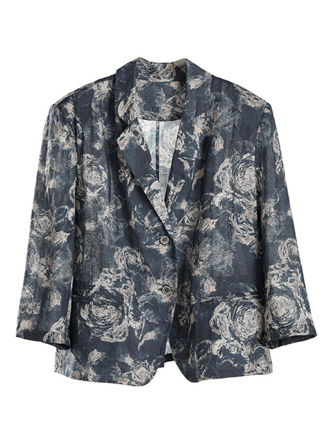 Plus Size Women Summer Vintage Print Thin Ramie Jacket