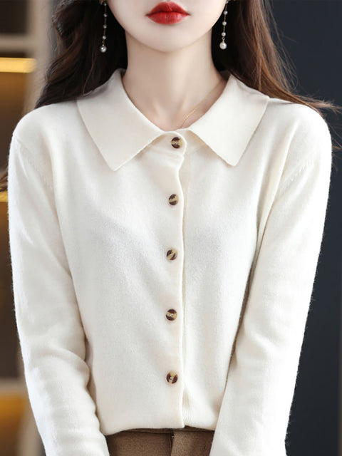 Women Autumn Wool Turn-down Collar Knit Cardigan Sweater