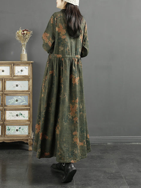 Plus Size Women Autumn Vintage Leaf Print Cotton Dress