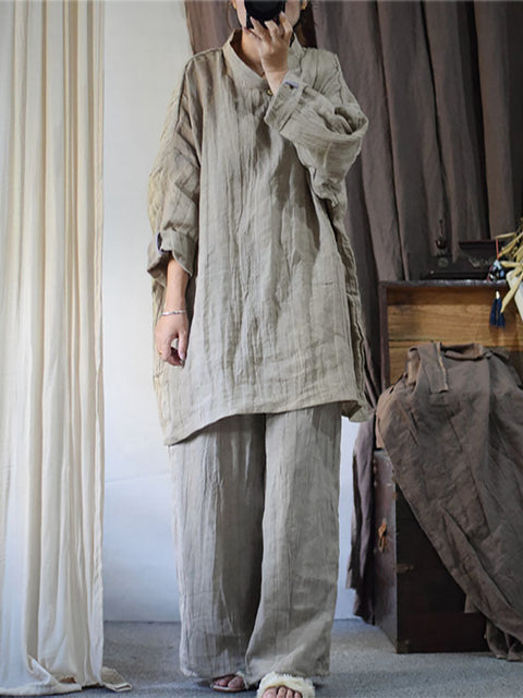 Women Vintage Solid Linen Loose Long Blouse