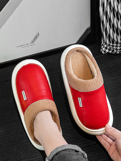 Couple Winter Fleece-lined Leather Slippers