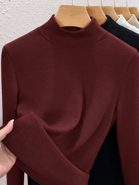 Women Winter Casual Pure Color Stand Collar Bottom Blouse