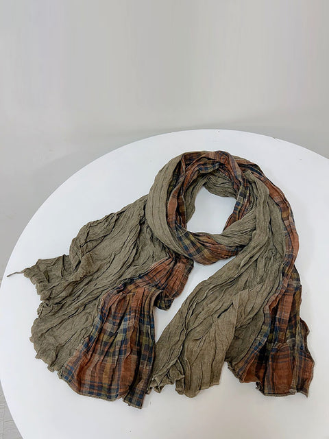 Women Vintage Plaid Spliced Cotton Scarf