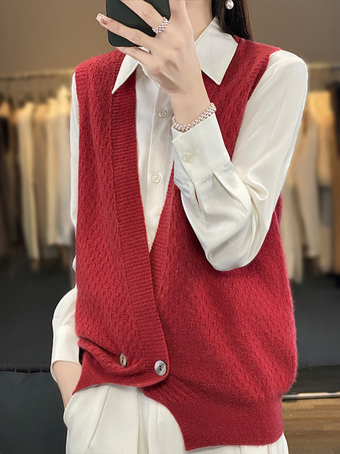 Women Casual Wool Solid V-Neck Irregular Hem Knit Vest