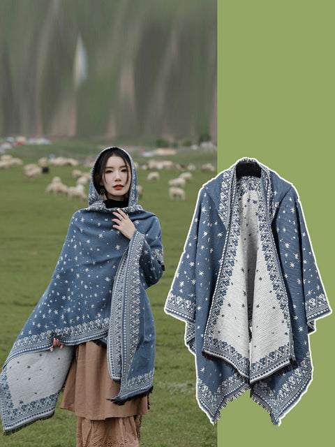 Women Ethnic Star Print Hooded Scarf Shawl