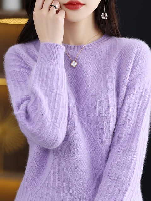 Women Autumn O-Neck Rhomboid 100%Wool Soft Sweater