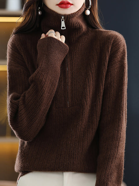 Women Autumn Zipper Knit 100%Wool Turtleneck Sweater