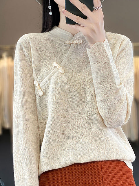 Women Autumn Wool Stand Collar Lace Knit Sweater