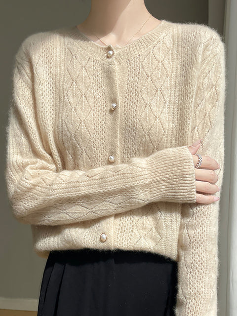 Women Autumn Wool O-Neck Cardigan Knit Sweater