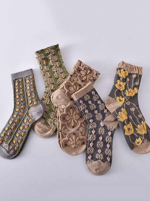 5 Pairs Women Autumn Vintage Flower Jacquard Socks