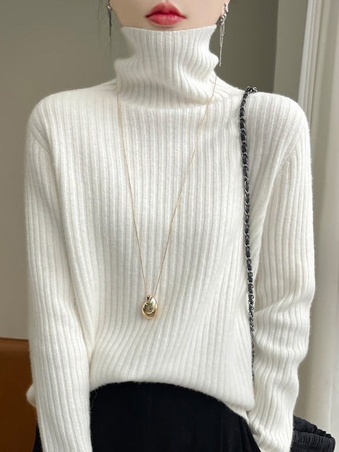 Women Autumn Casual Solid Turtleneck Wool Knit Sweater