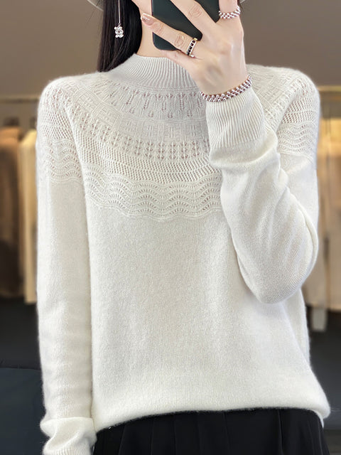 Women Autumn Cable Knit 100%Wool Half Turtleneck Sweater