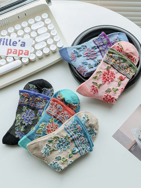 5 Pairs Women Vintage Floral Jacquard Cotton Socks