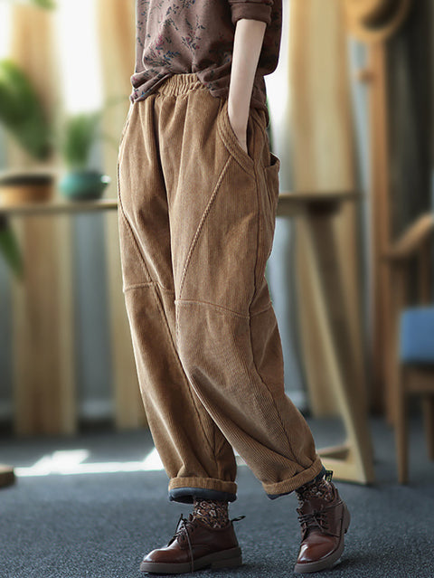 Plus Size Women Vintage Solid Spliced Thicken Pants