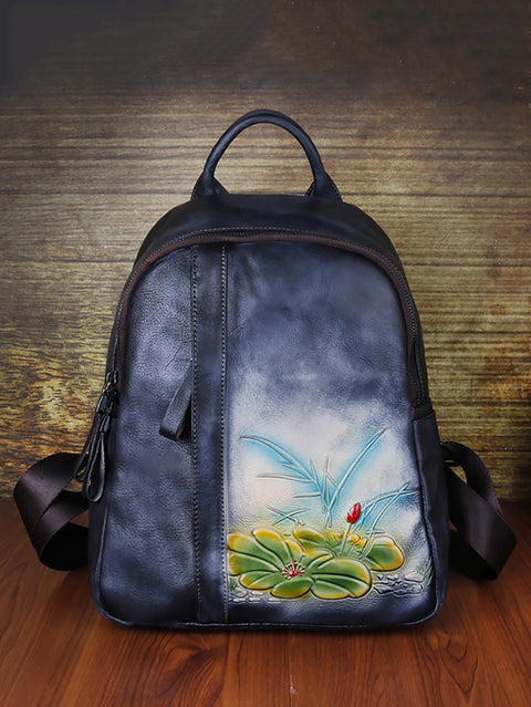 Women Vintage Flower Embossed Large Capacity Backpack