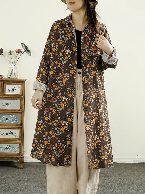 Women Vintage Autumn Flower Button-up Thin Coat