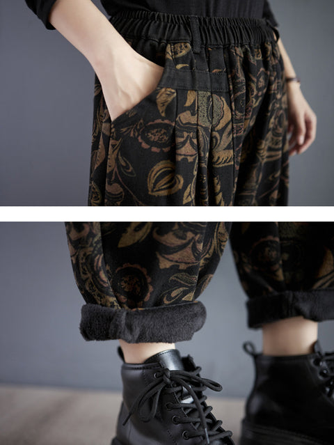 Women Retro Flower Winter Fleece-lined Harem Pants