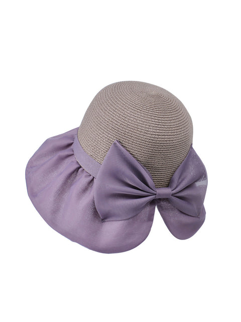 Women Summer Colorblock Straw Bowknot Sunproof Hat