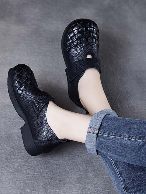 Women Vintage Soft Leather Weave Low Heel Shoes