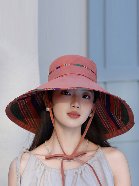 Women Ethnic Stripe Colorblock Strap Sunproof Hat