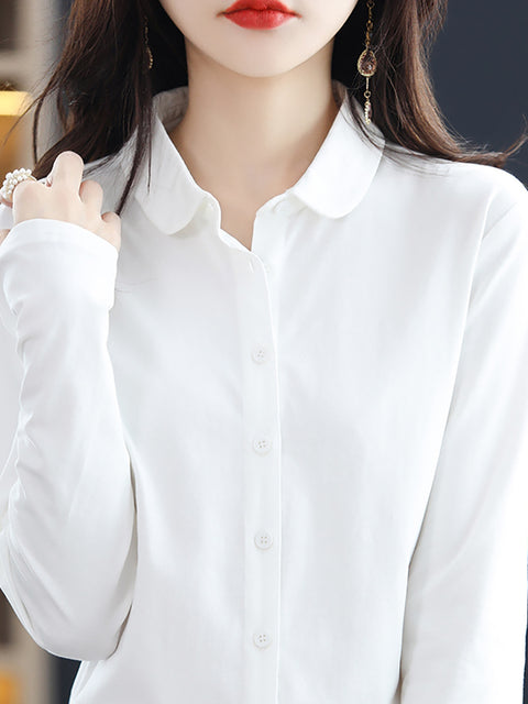 Women Spring Turn-down Collar Pure Color Cotton Shirt