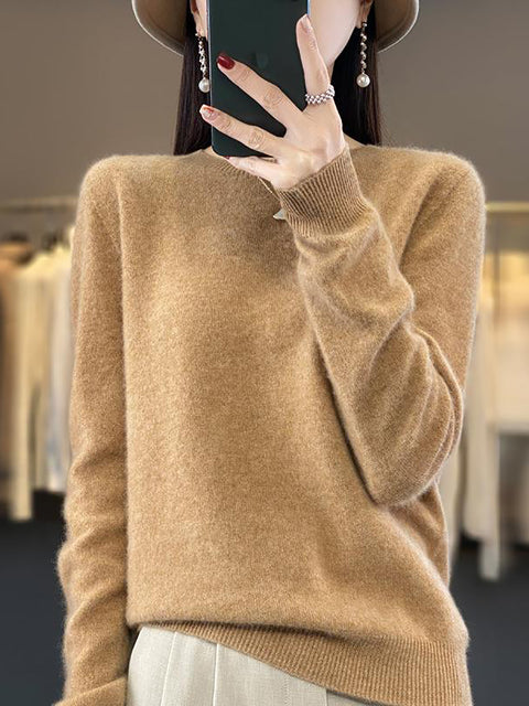 Women Autumn Solid Knit 100%Wool O-Neck Sweater