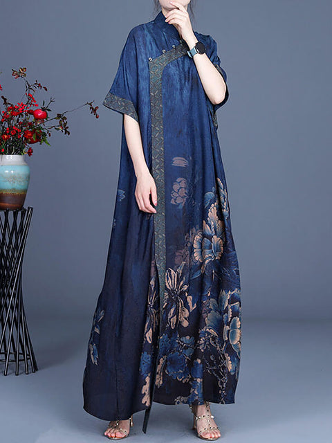 Plus Size Women Casual Retro Flower 100% Rayon Stitching Dress