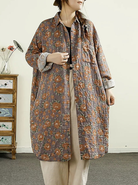 Women Vintage Autumn Flower Button-up Thin Coat