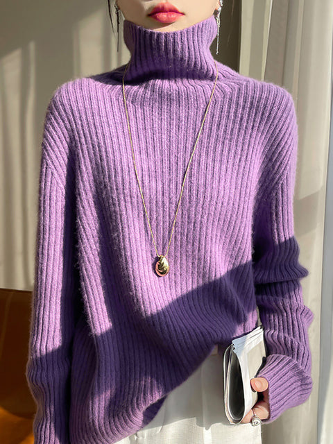 Women Autumn Casual Solid Turtleneck Wool Knit Sweater