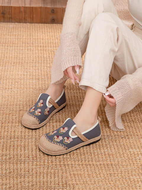 Women Ethnic Flower Embroidery Linen Flat Shoes