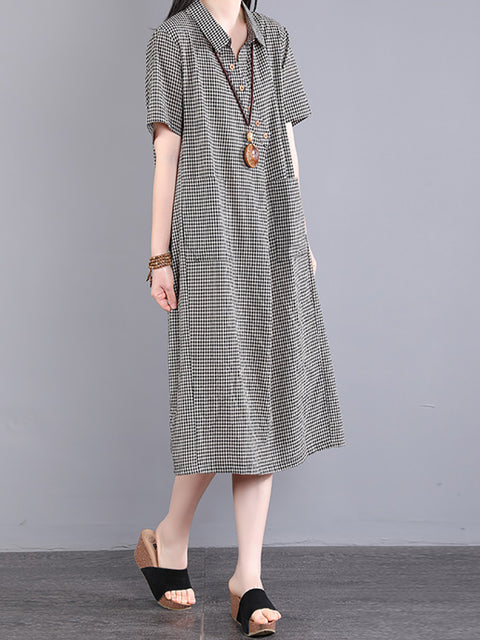 Plus Size Women Casual Plaid Slant Closure Button Loose Dress