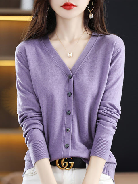 Women Casual Wool Spring V-Neck Cardigan Blouse