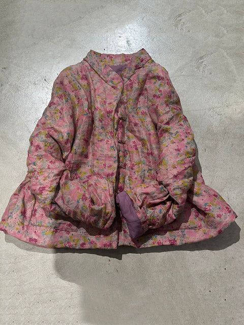 Women Vintage Autumn Floral Button-up Ramie Coat