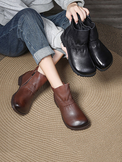 Women Vintage Genuine Leather Low Heel Boots