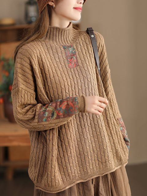 Women Retro Patch Spliced Knitted Turtleneck Sweater