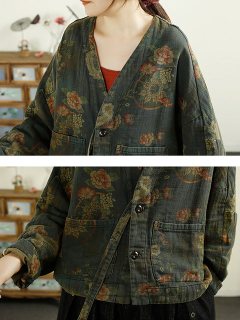 Women Autumn Vintage Flower V-Neck Cotton Coat