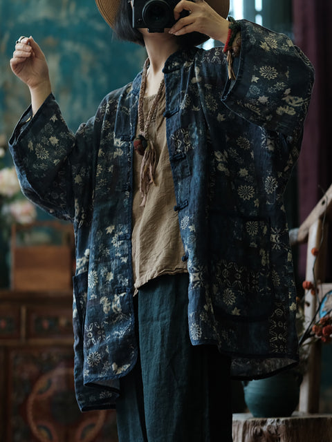 Women Spring Vintage Flower 100%Linen Shirt Coat