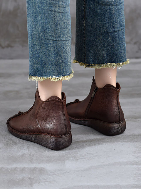 Women Vintage Genuine Leather Spliced Low Heel Boots