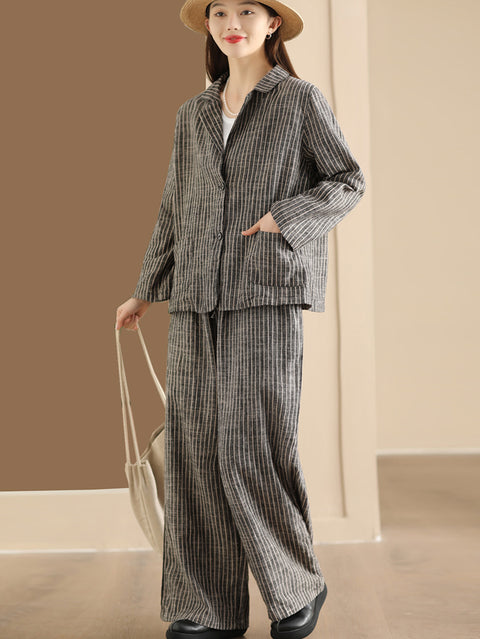 Plus Size Women Vintage Stripe Spring Linen Shirt+Pants